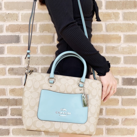 Coach purse light khaki turquoise satchel - Picture 5 of 6